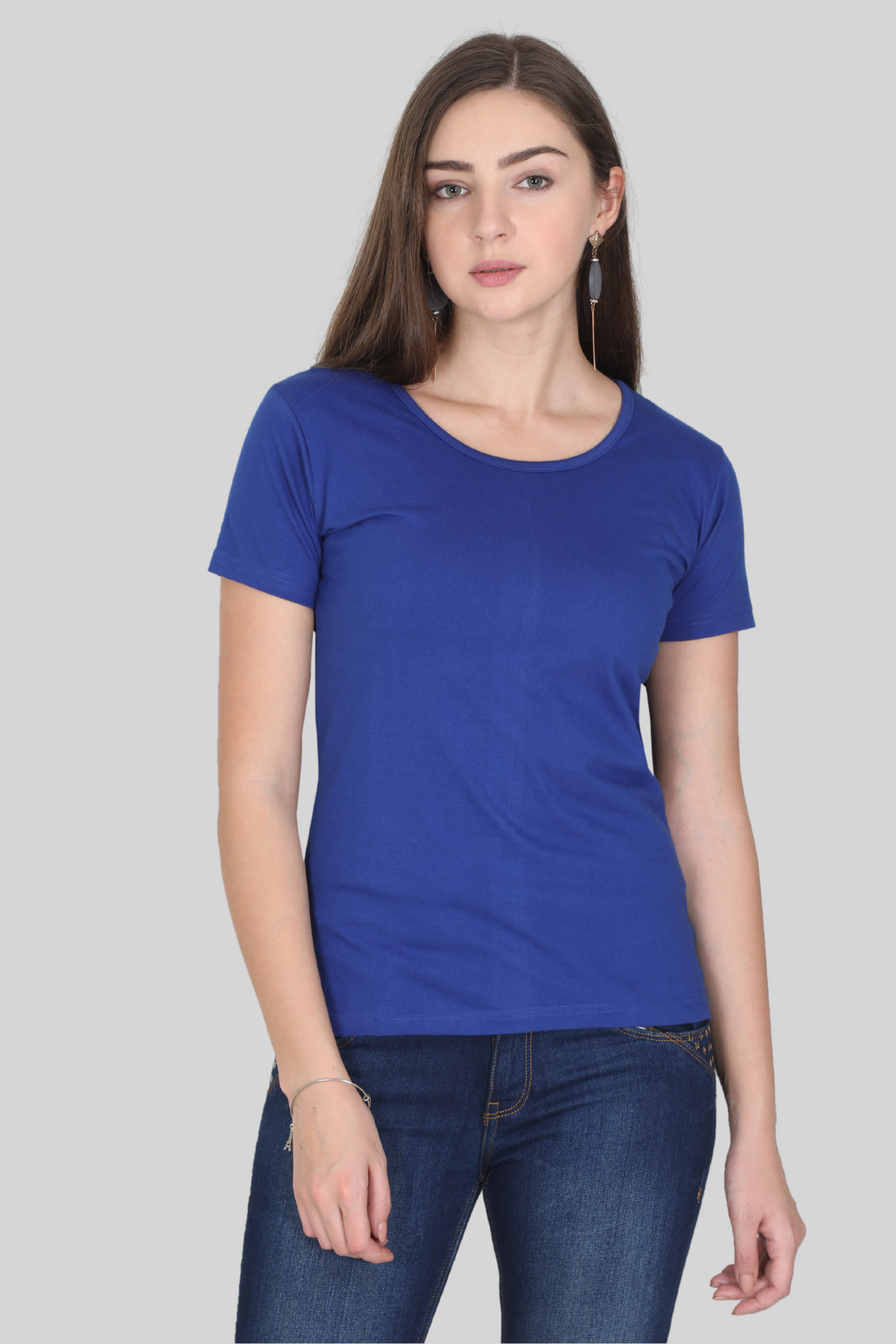 Royal Blue Scoop Neck T-Shirt For Women - WowWaves - 3