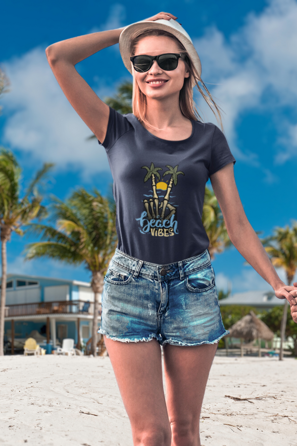 Beach Vibes Printed Scoop Neck T-Shirt For Women - WowWaves