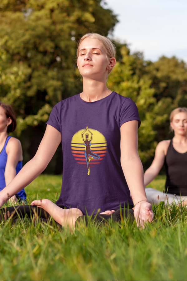 Sunset Yoga Printed T-Shirt For Women - WowWaves