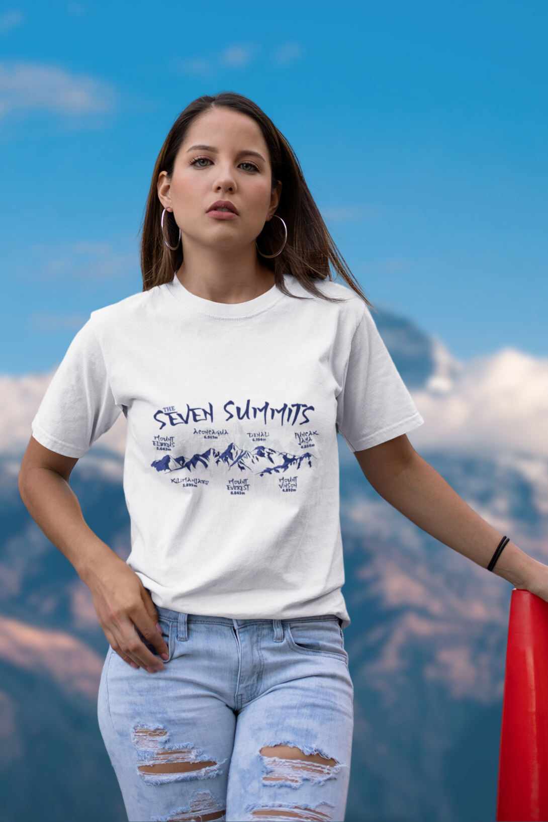 Seven Summits Mountain Printed T-Shirt For Women - WowWaves