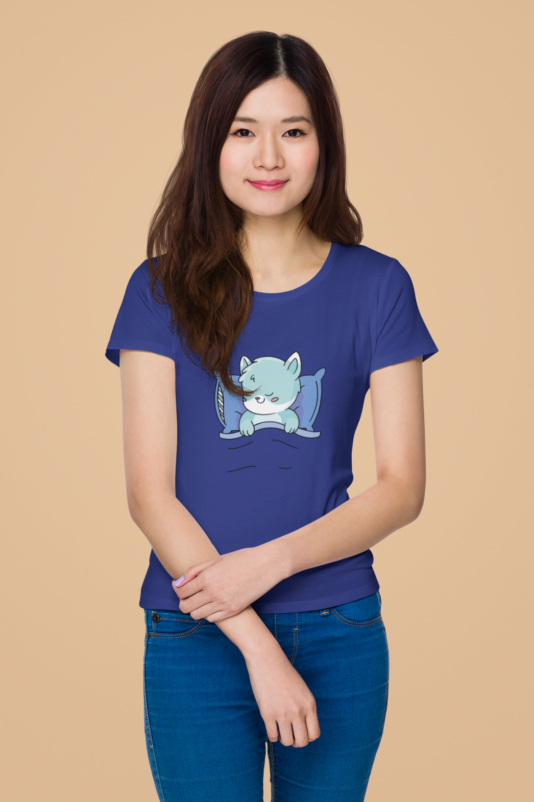 Cute Sleeping Cat Printed Scoop Neck T-Shirt For Women - WowWaves - 9
