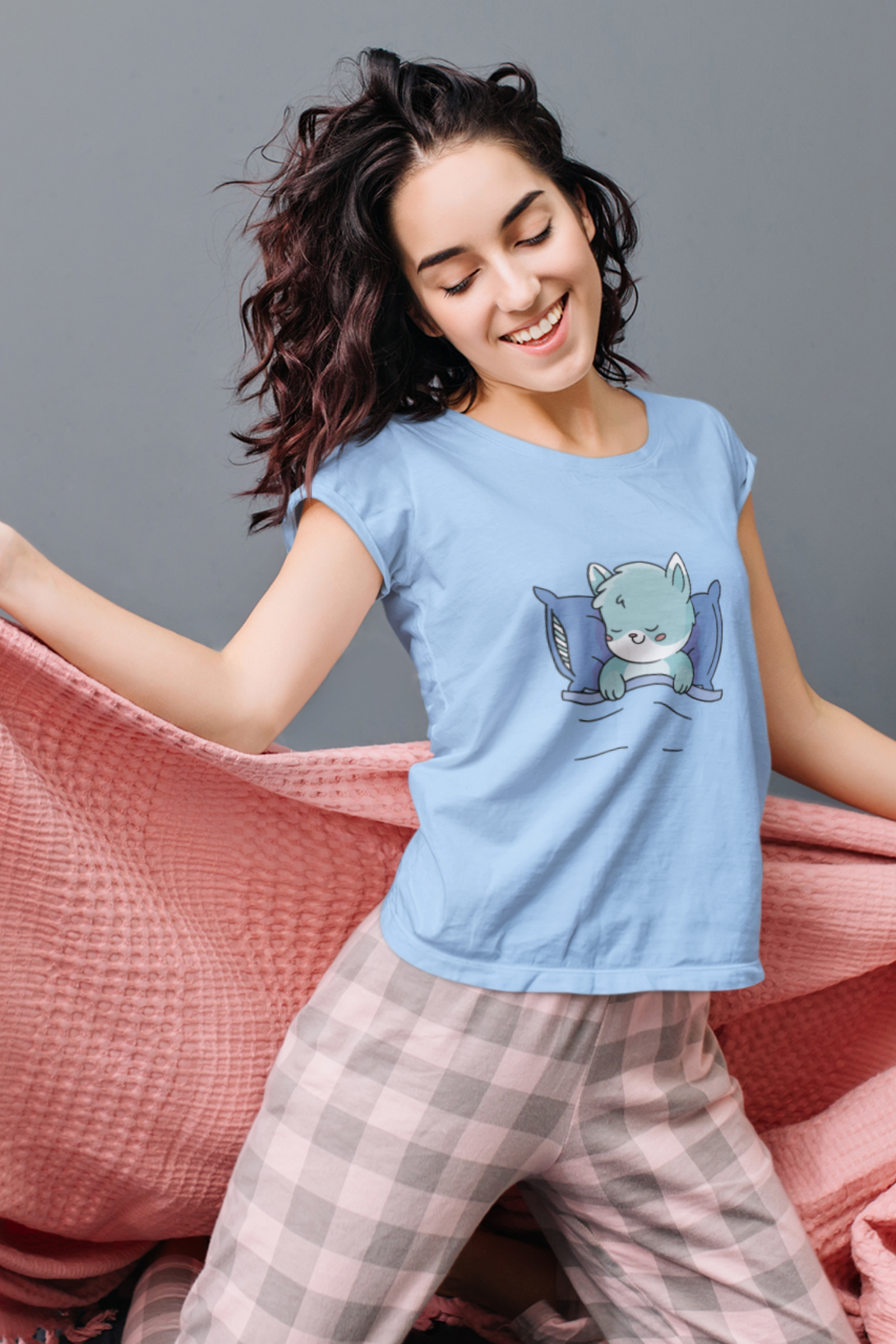 Cute Sleeping Cat Printed Scoop Neck T-Shirt For Women - WowWaves - 5