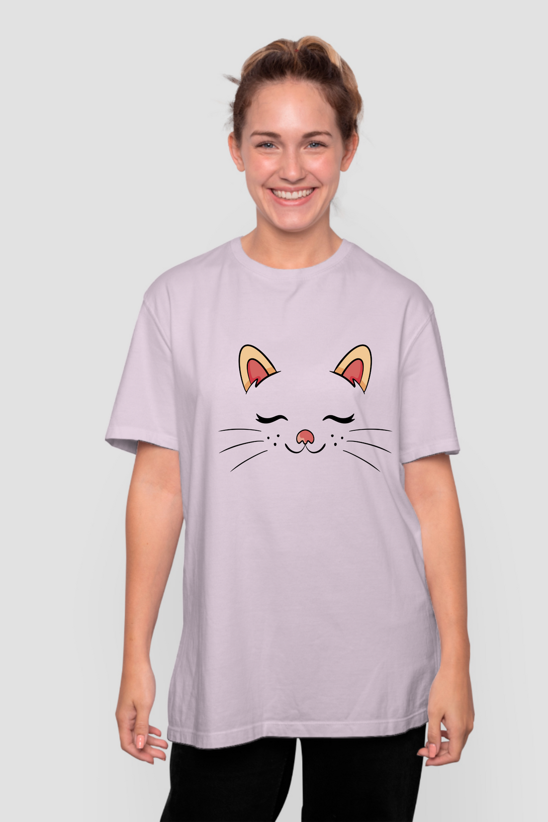 Cute Sleeping Cat Printed Oversized T-Shirt For Women - WowWaves - 5