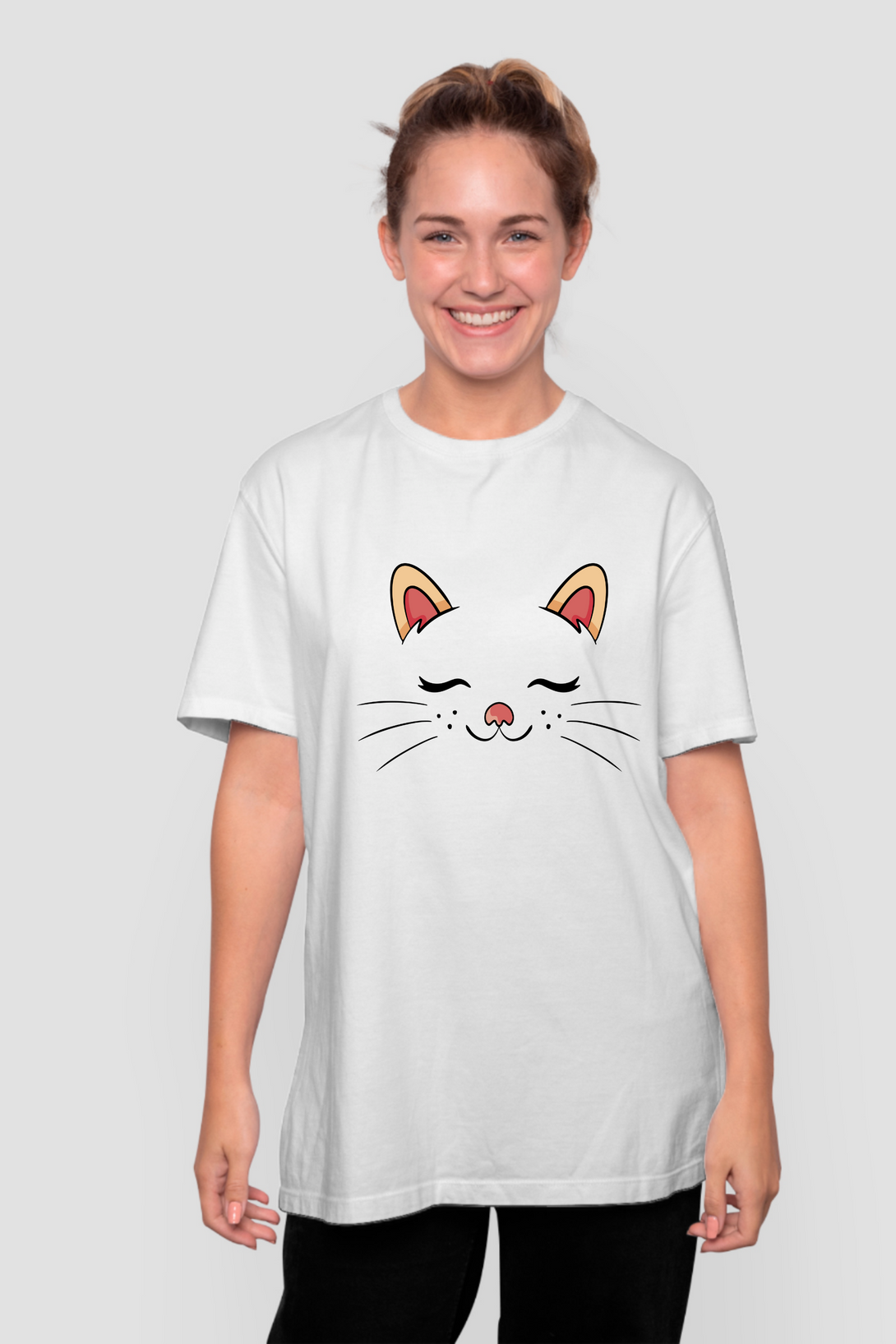 Cute Sleeping Cat Printed Oversized T-Shirt For Women - WowWaves - 6