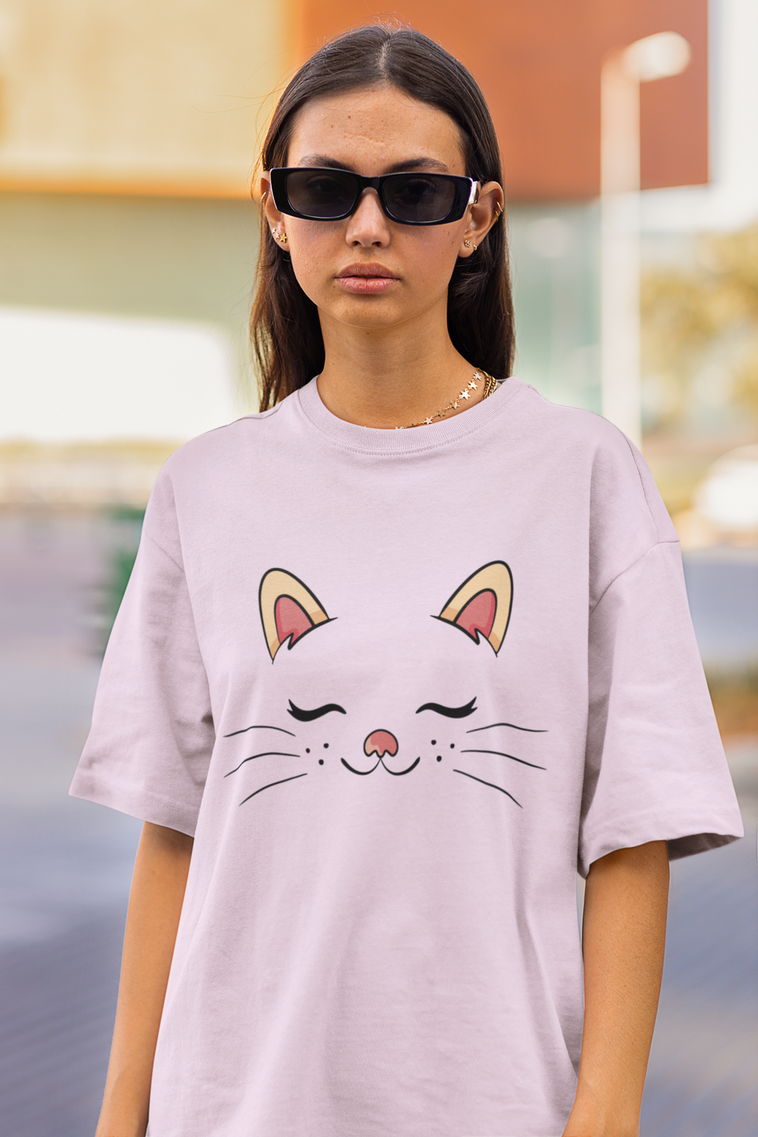 Cute Sleeping Cat Printed Oversized T-Shirt For Women - WowWaves - 2