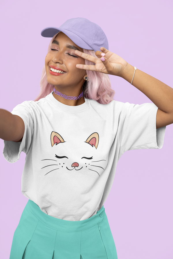 Cute Sleeping Cat Printed Oversized T-Shirt For Women - WowWaves