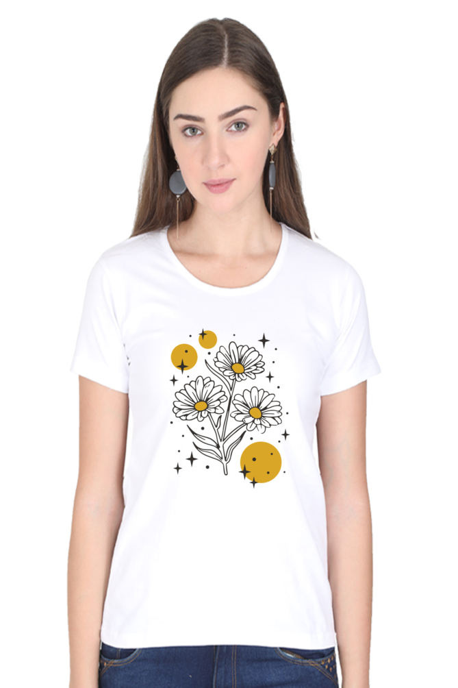 Sparkling Flowers Printed Scoop Neck T-Shirt For Women - WowWaves - 7