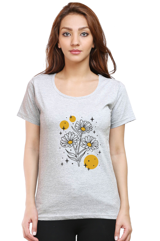 Sparkling Flowers Printed Scoop Neck T-Shirt For Women - WowWaves - 8