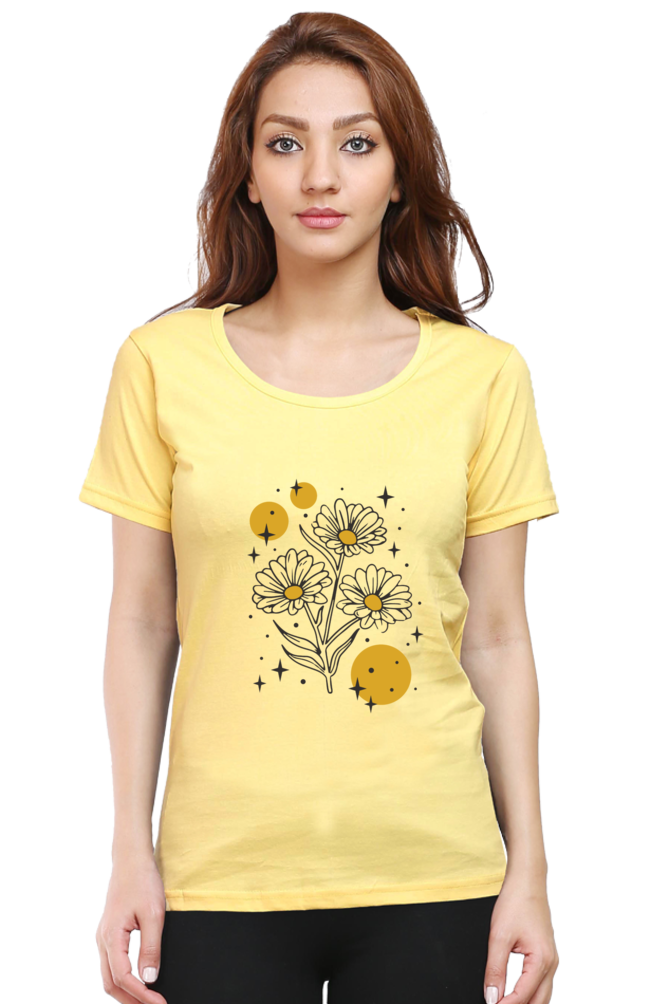 Sparkling Flowers Printed Scoop Neck T-Shirt For Women - WowWaves - 9