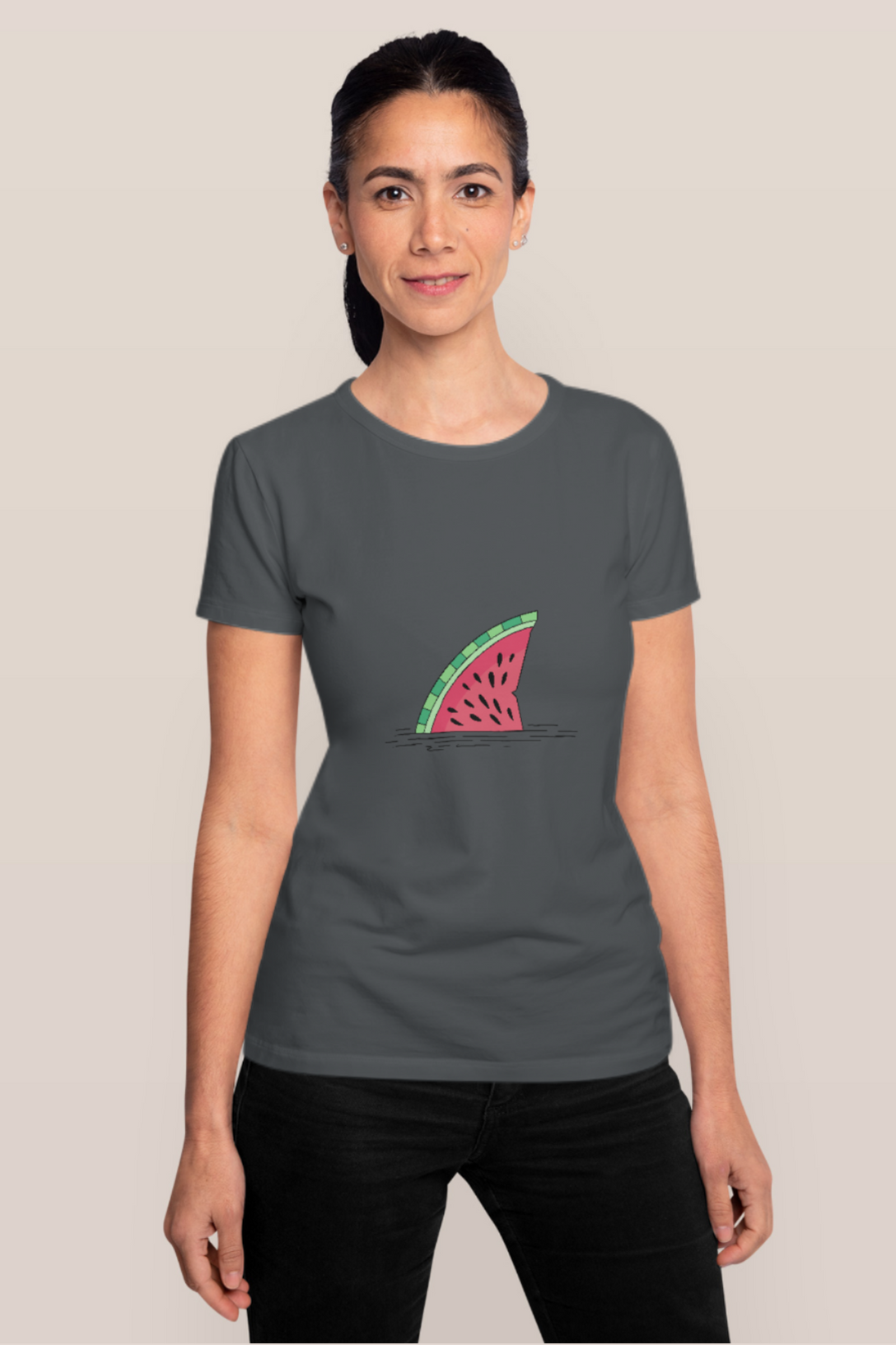 Watermelon Shark Fin Printed T-Shirt For Women - WowWaves - 10