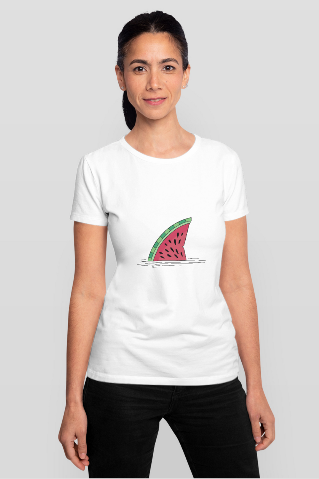 Watermelon Shark Fin Printed T-Shirt For Women - WowWaves - 6