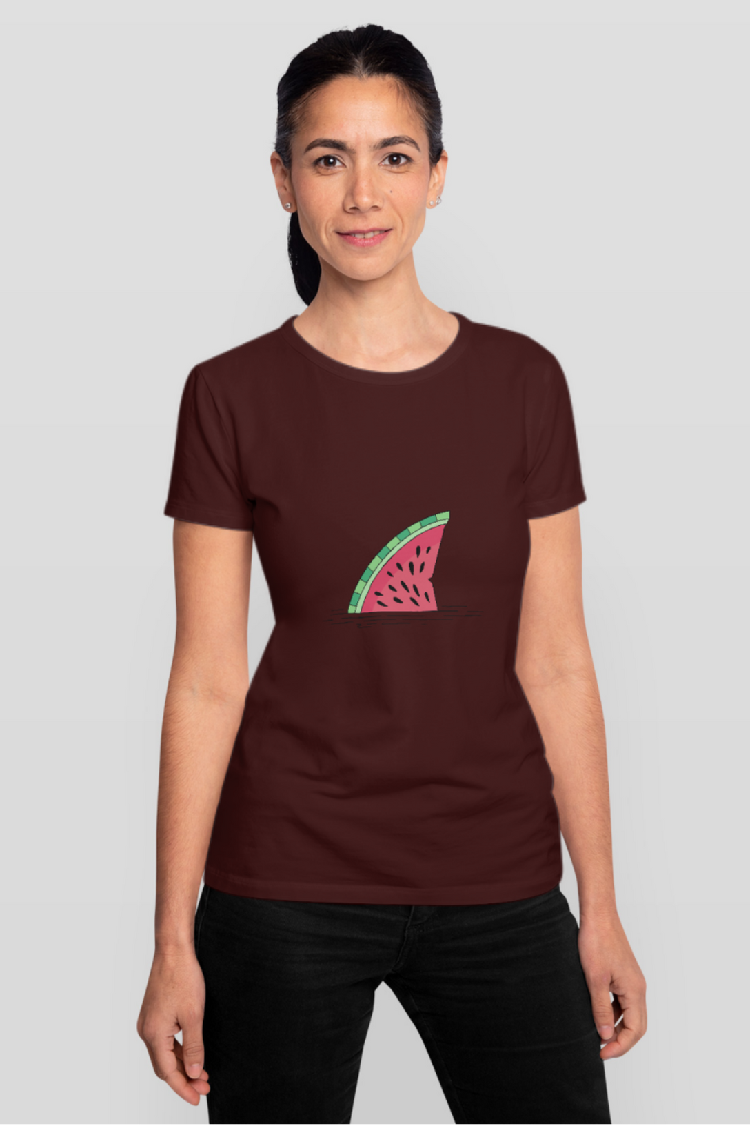 Watermelon Shark Fin Printed T-Shirt For Women - WowWaves - 7