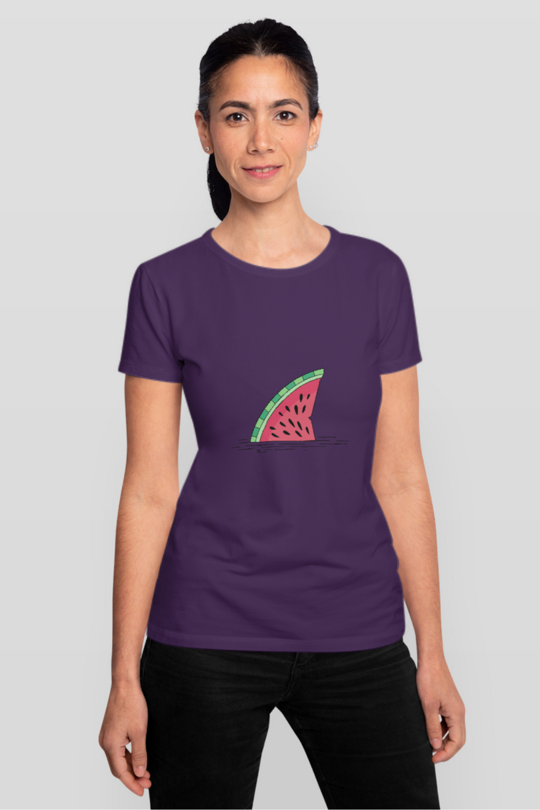 Watermelon Shark Fin Printed T-Shirt For Women - WowWaves - 8