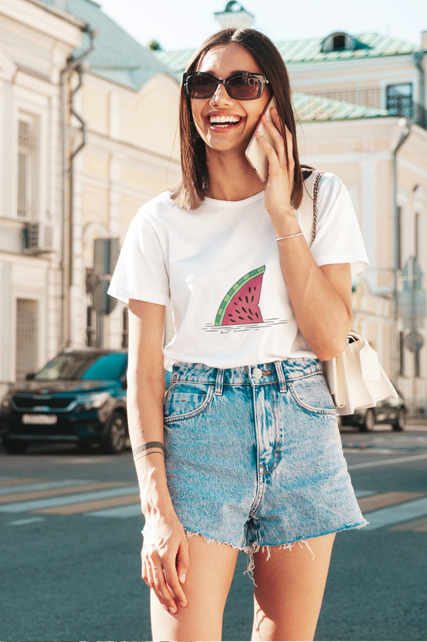 Watermelon Shark Fin Printed T-Shirt For Women - WowWaves
