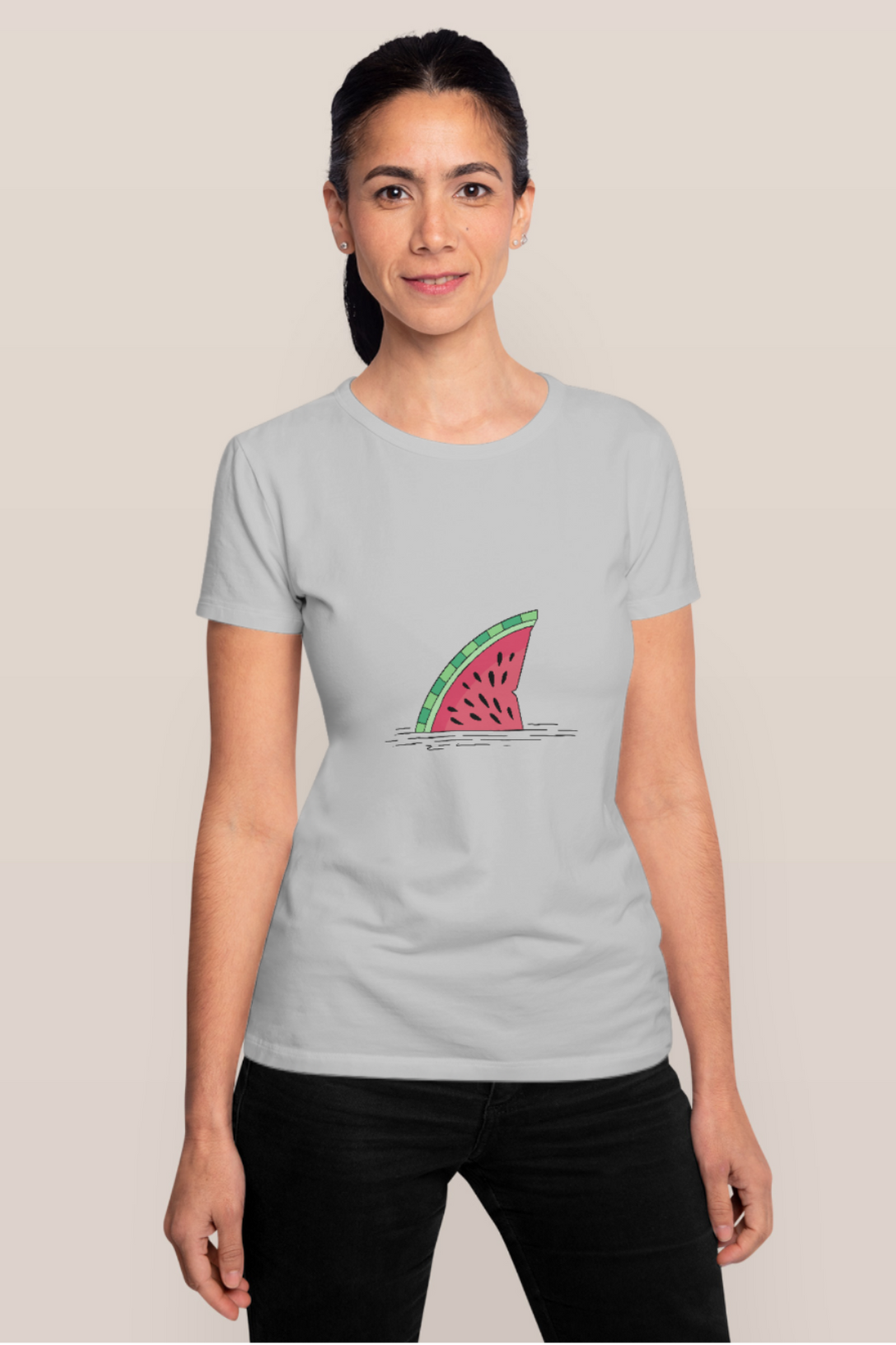 Watermelon Shark Fin Printed T-Shirt For Women - WowWaves - 11