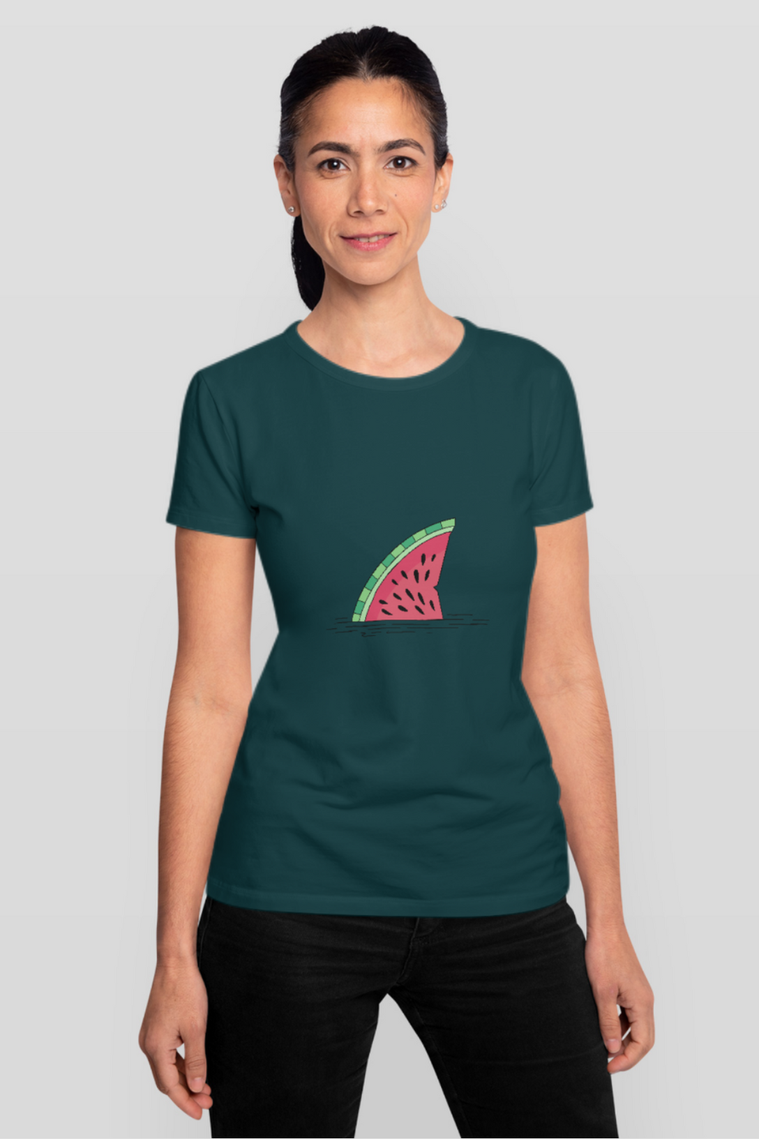 Watermelon Shark Fin Printed T-Shirt For Women - WowWaves - 9