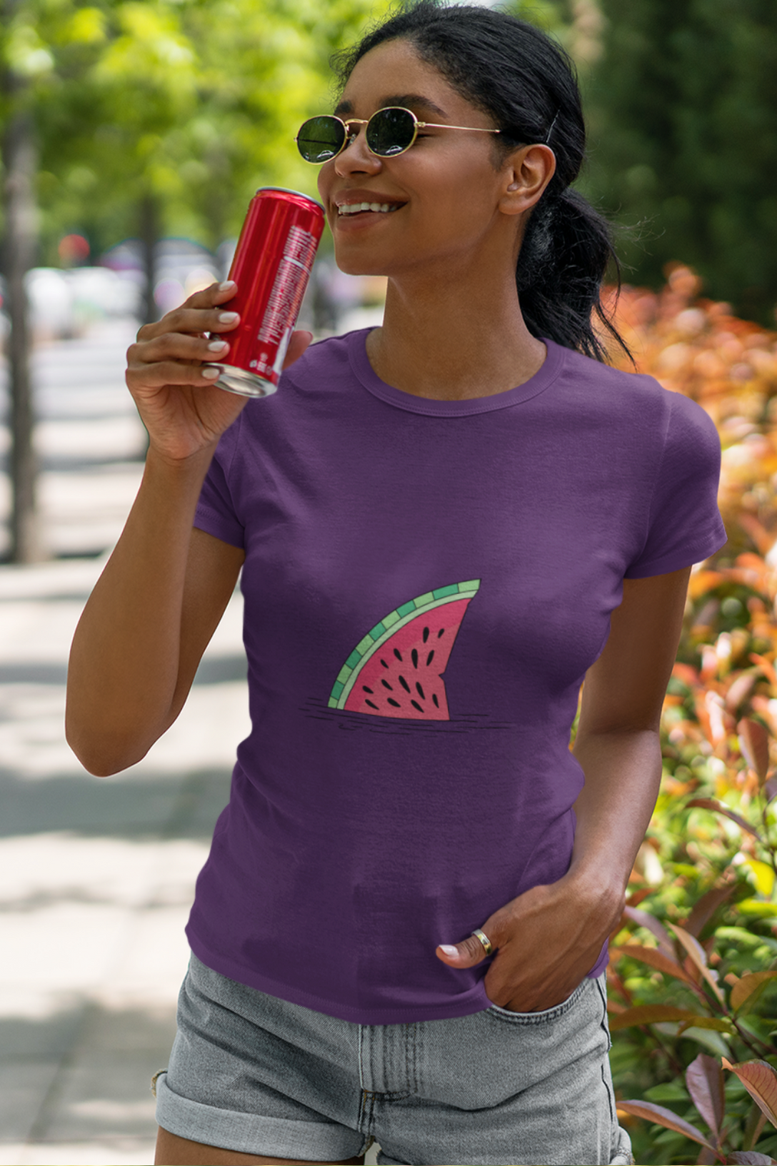 Watermelon Shark Fin Printed T-Shirt For Women - WowWaves - 4