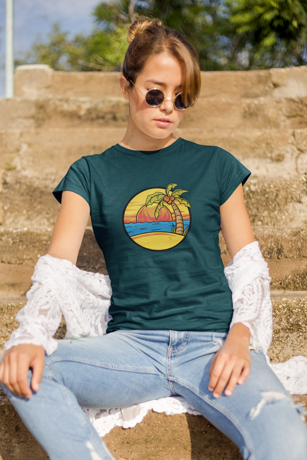 Summer Beach Sunset Printed T-Shirt For Women - WowWaves