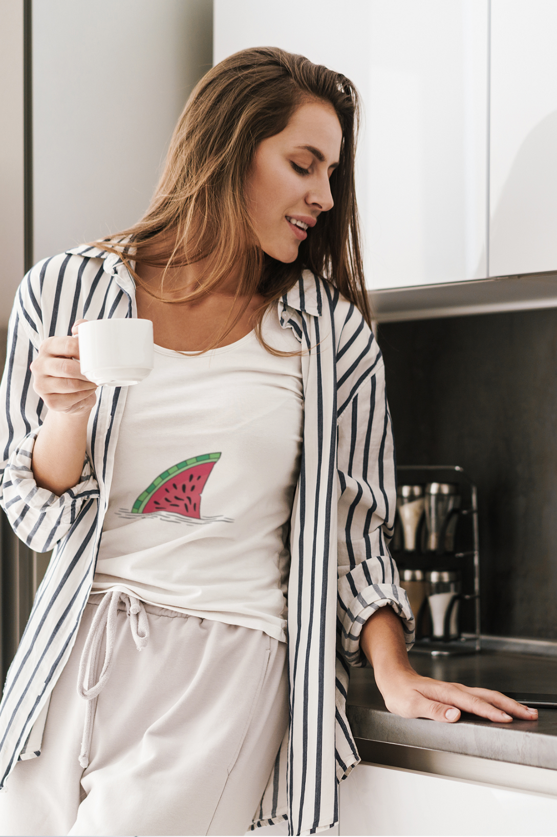 Watermelon Shark Fin Printed Scoop Neck T-Shirt For Women - WowWaves