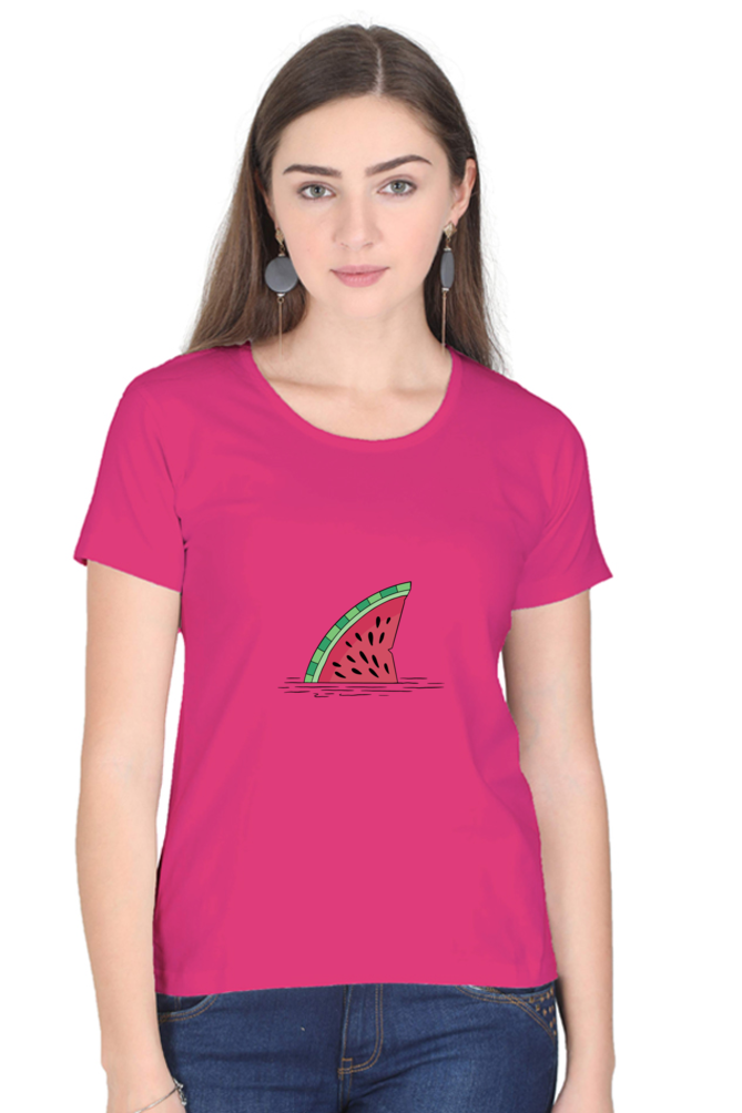 Watermelon Shark Fin Printed Scoop Neck T-Shirt For Women - WowWaves - 8