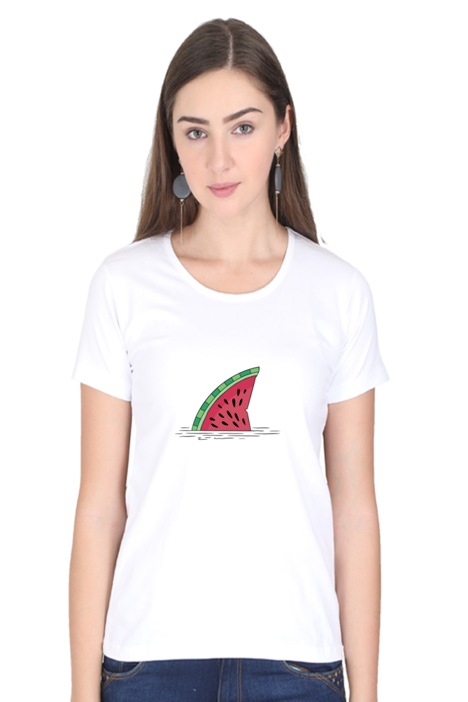 Watermelon Shark Fin Printed Scoop Neck T-Shirt For Women - WowWaves - 7