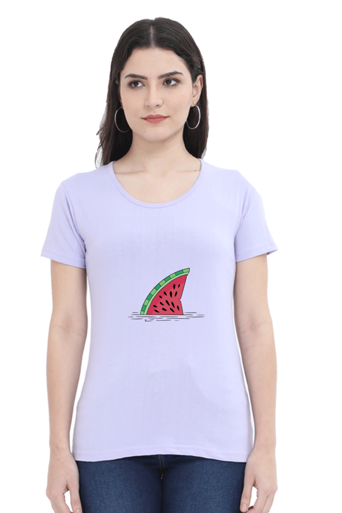 Watermelon Shark Fin Printed Scoop Neck T-Shirt For Women - WowWaves - 11