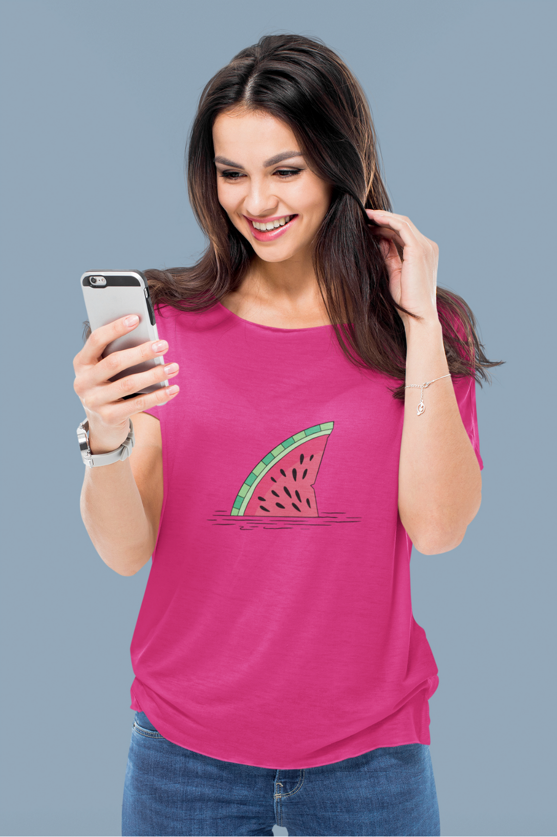 Watermelon Shark Fin Printed Scoop Neck T-Shirt For Women - WowWaves - 6