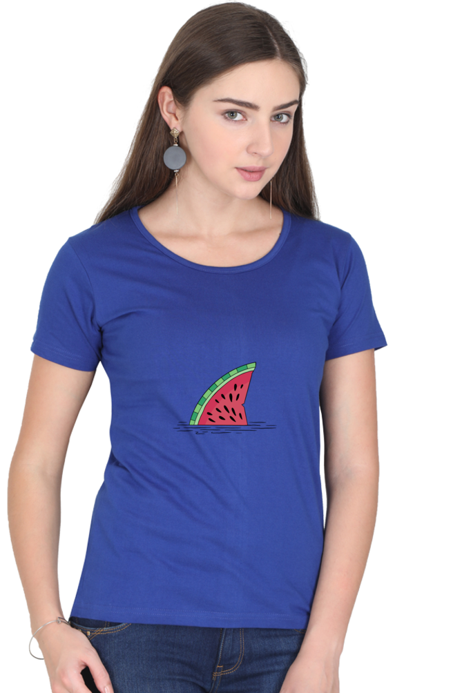 Watermelon Shark Fin Printed Scoop Neck T-Shirt For Women - WowWaves - 9