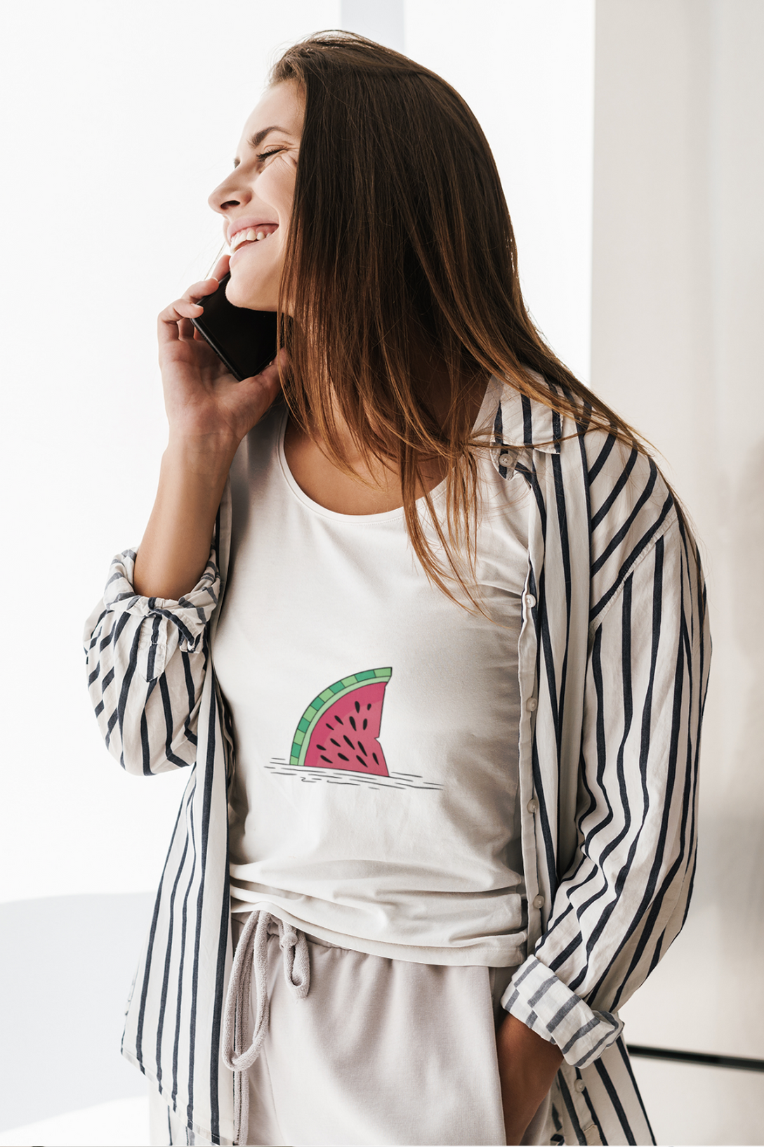 Watermelon Shark Fin Printed Scoop Neck T-Shirt For Women - WowWaves - 2