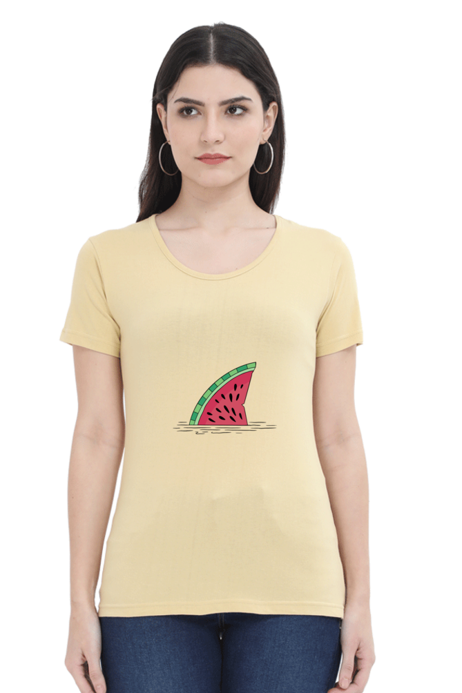 Watermelon Shark Fin Printed Scoop Neck T-Shirt For Women - WowWaves - 10