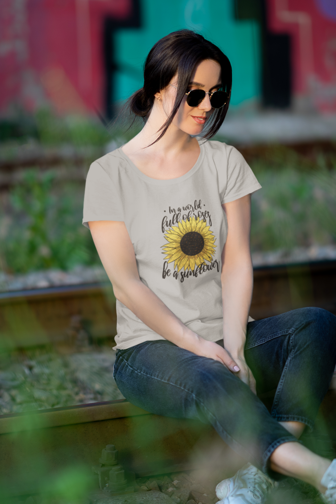 Sunflower Power Printed Scoop Neck T-Shirt For Women - WowWaves - 2