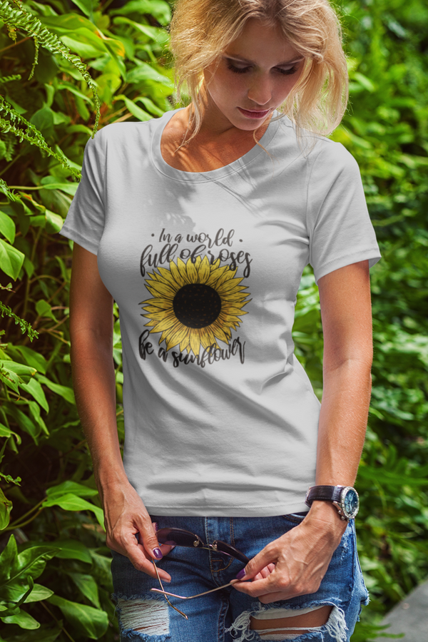 Sunflower Power Printed Scoop Neck T-Shirt For Women - WowWaves