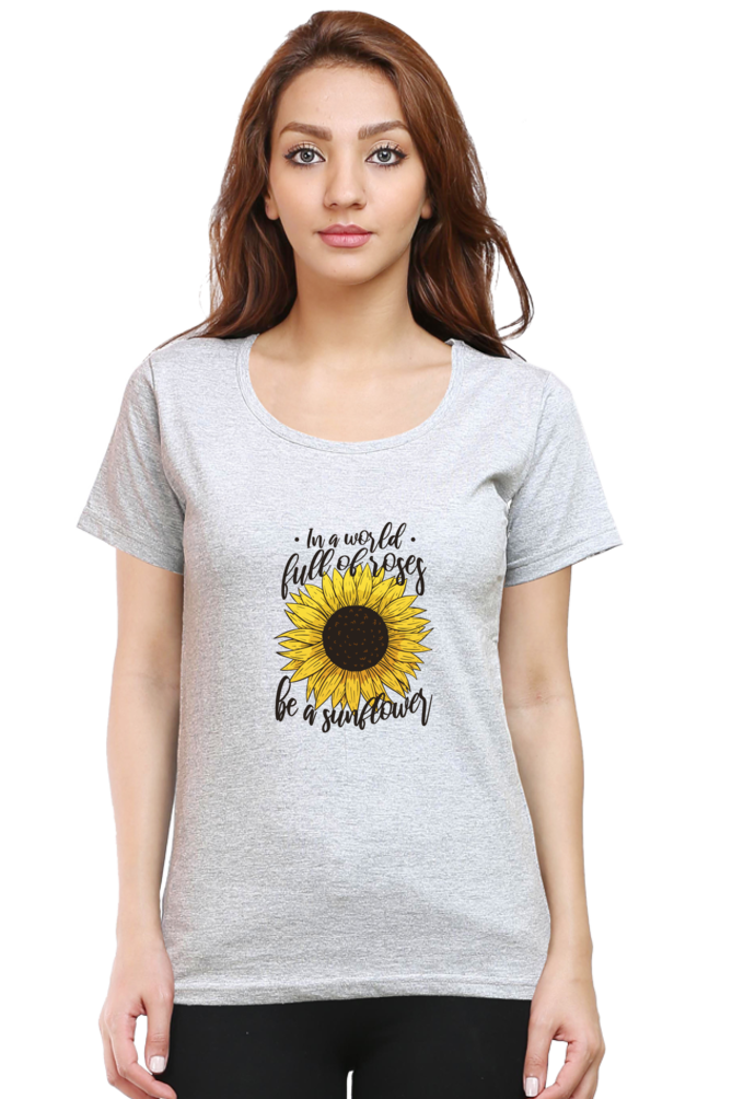 Sunflower Power Printed Scoop Neck T-Shirt For Women - WowWaves - 8