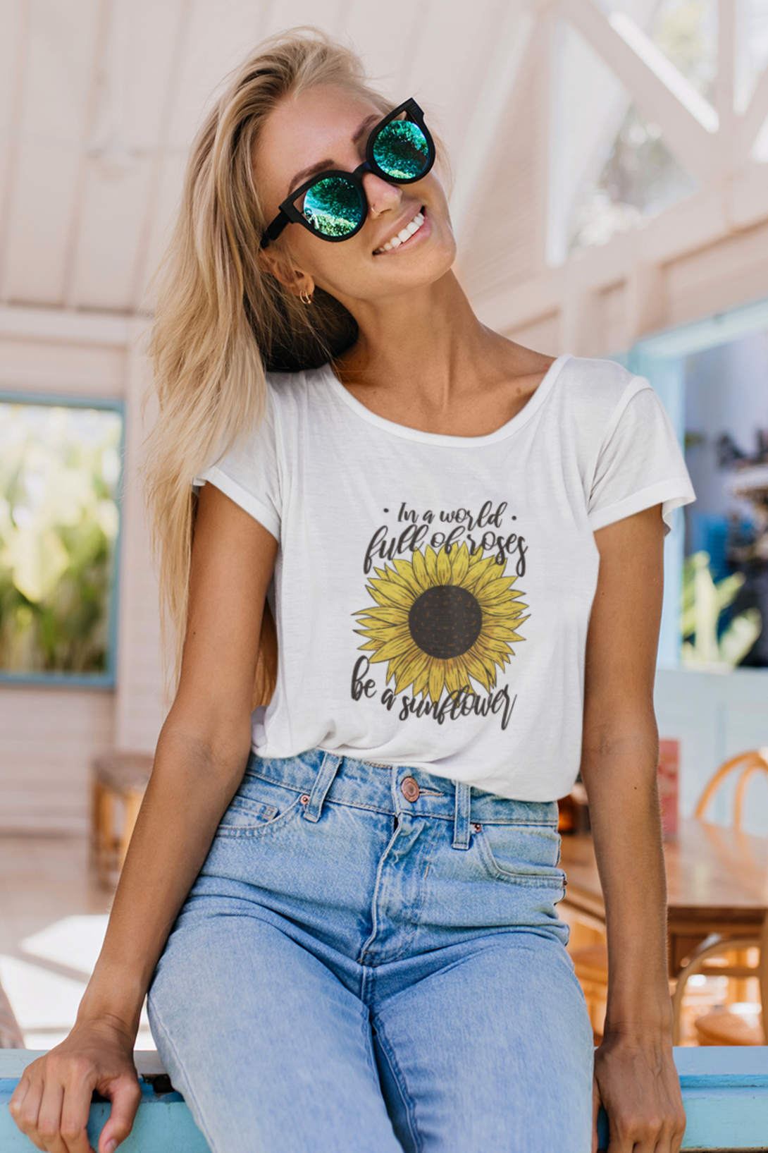 Sunflower Power Printed Scoop Neck T-Shirt For Women - WowWaves - 4