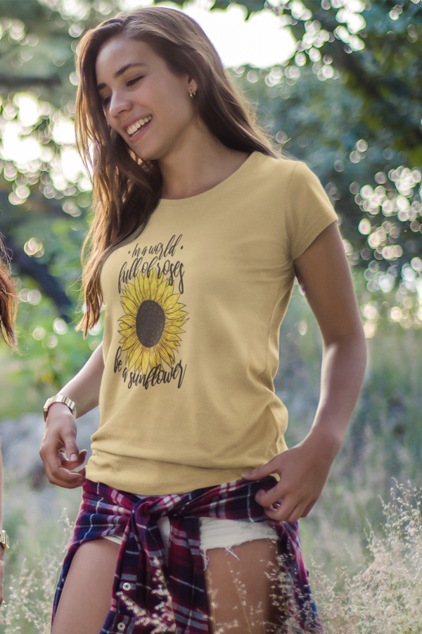 Sunflower Power Printed T-Shirt For Women - WowWaves