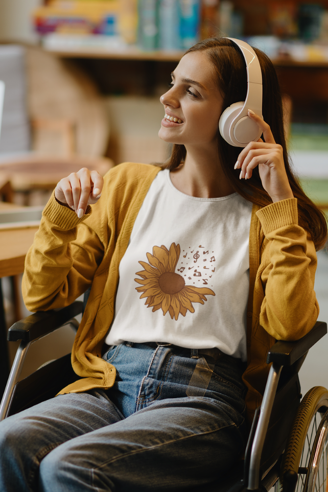 Musical Sunflower Printed T-Shirt For Women - WowWaves - 3