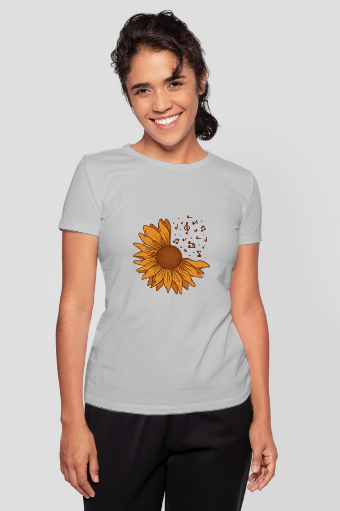 Musical Sunflower Printed T-Shirt For Women - WowWaves - 14