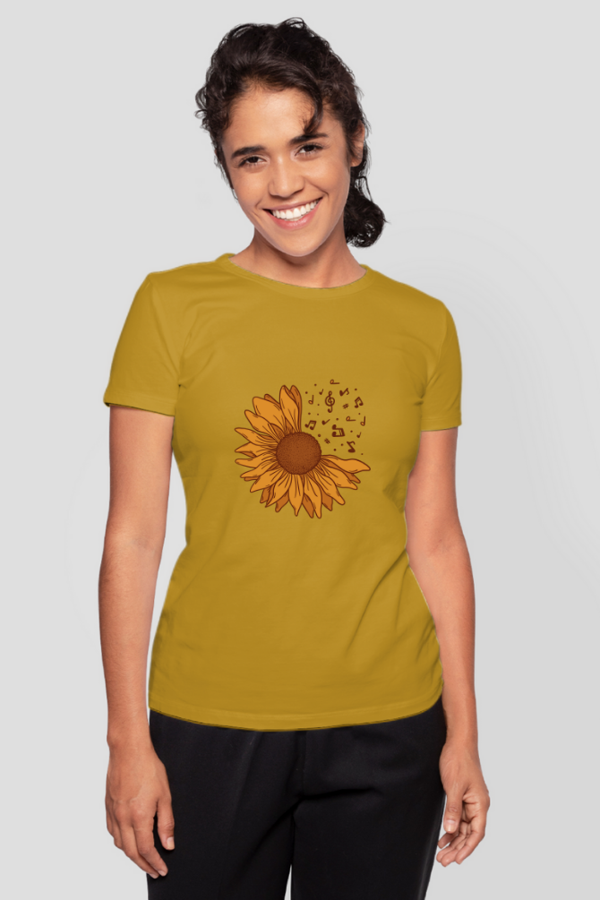 Musical Sunflower Printed T-Shirt For Women - WowWaves - 12