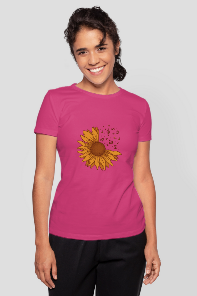Musical Sunflower Printed T-Shirt For Women - WowWaves - 10