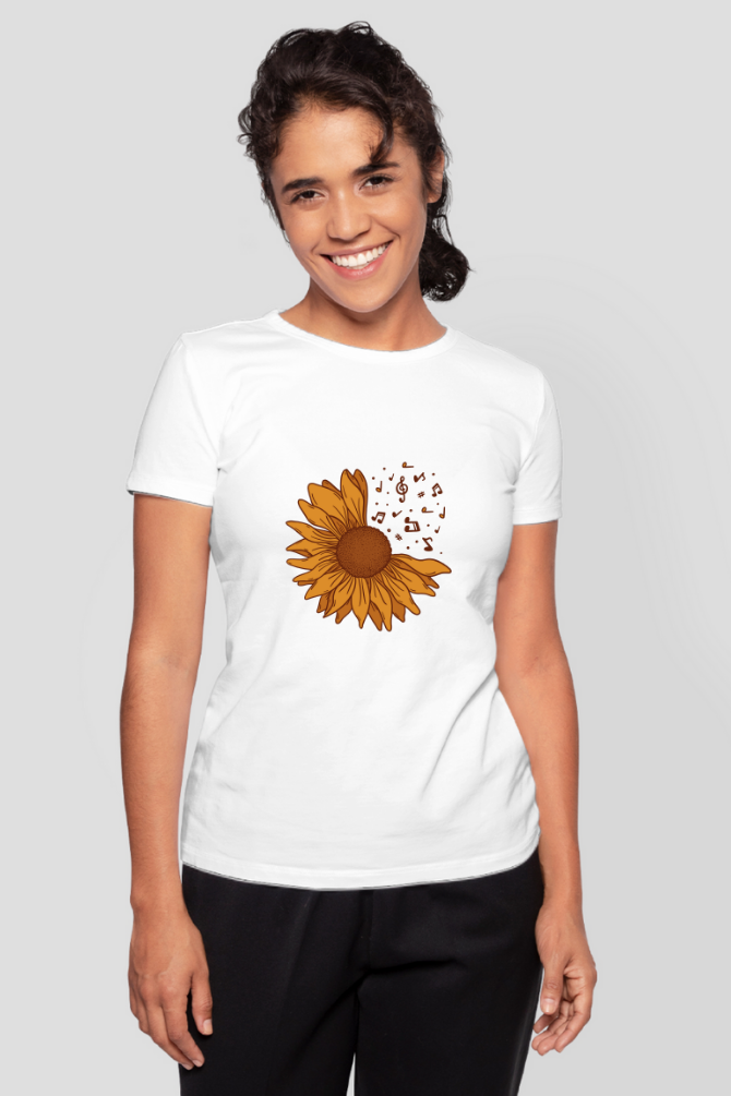 Musical Sunflower Printed T-Shirt For Women - WowWaves - 8