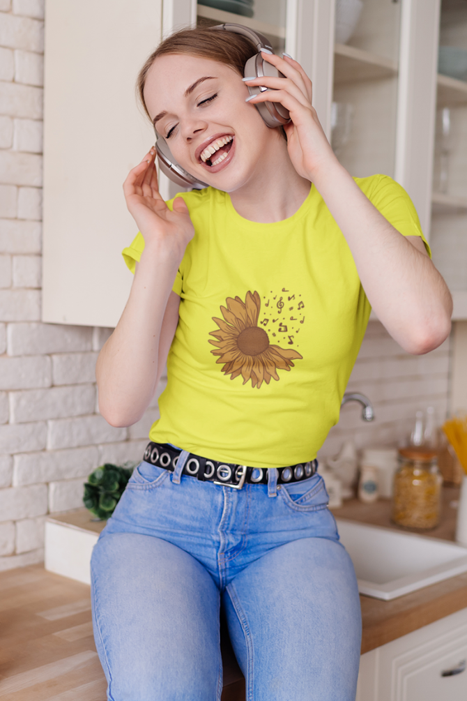 Musical Sunflower Printed T-Shirt For Women - WowWaves - 5