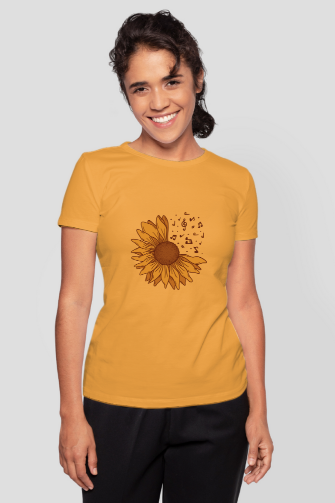 Musical Sunflower Printed T-Shirt For Women - WowWaves - 15