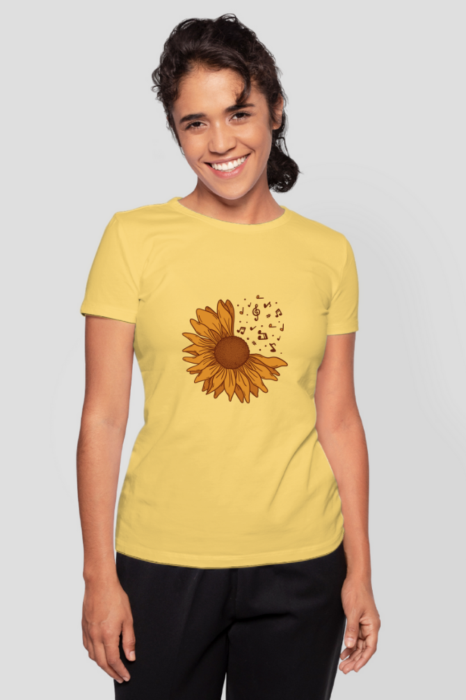Musical Sunflower Printed T-Shirt For Women - WowWaves - 7
