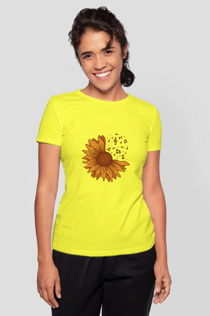Musical Sunflower Printed T-Shirt For Women - WowWaves - 11