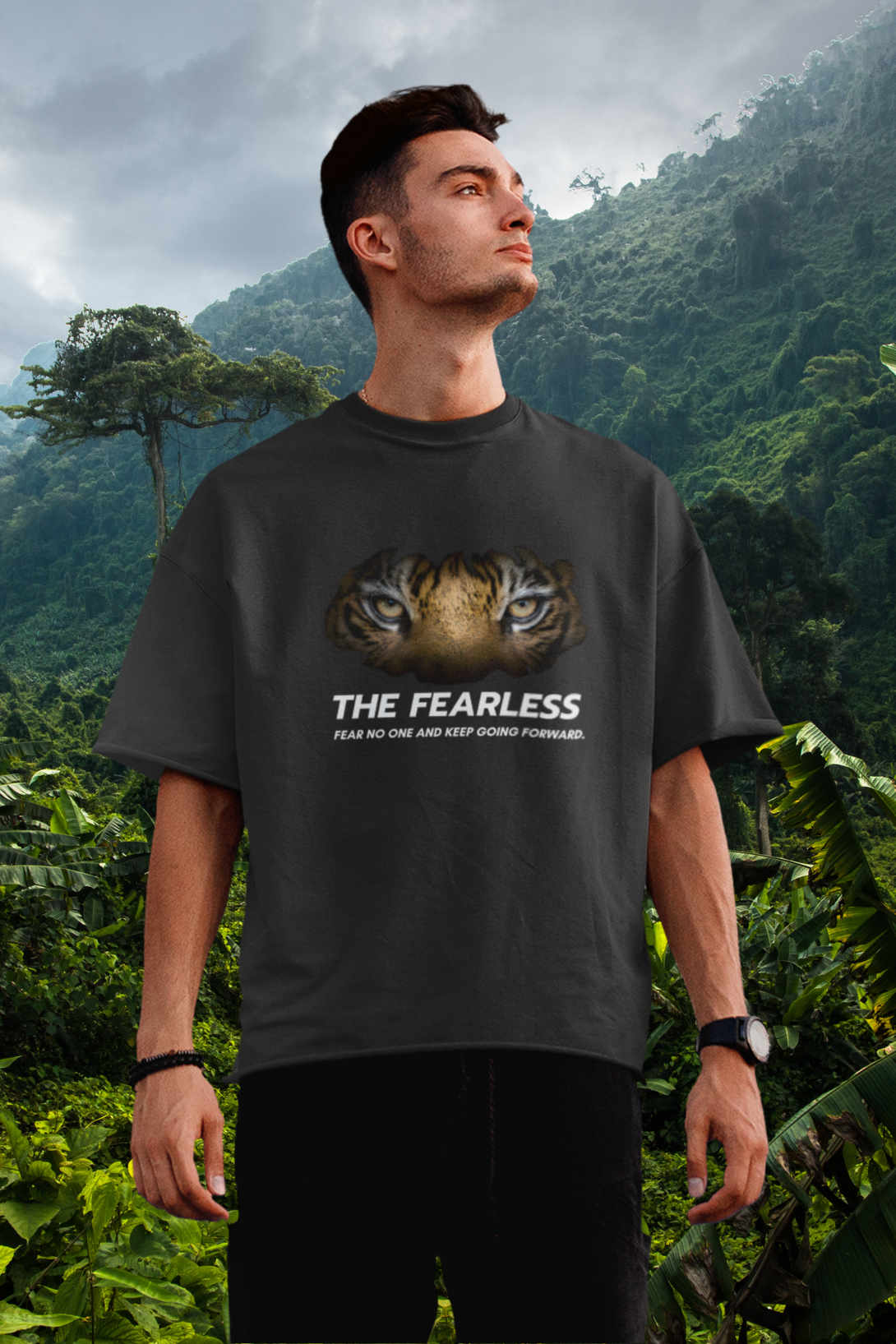 Tiger No Fear Black Printed Oversized T-Shirt For Men - WowWaves - 3