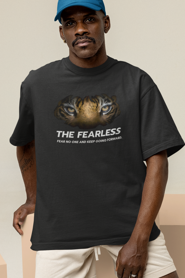 Tiger No Fear Black Printed Oversized T-Shirt For Men - WowWaves