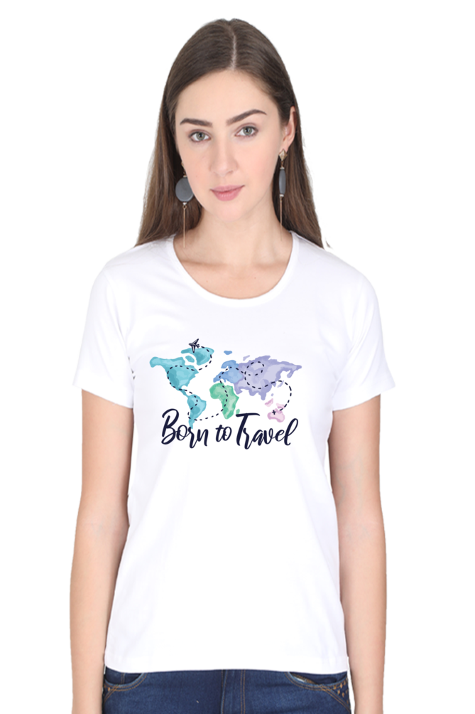 Born To Travel White Printed Scoop Neck T-Shirt For Women - WowWaves - 2