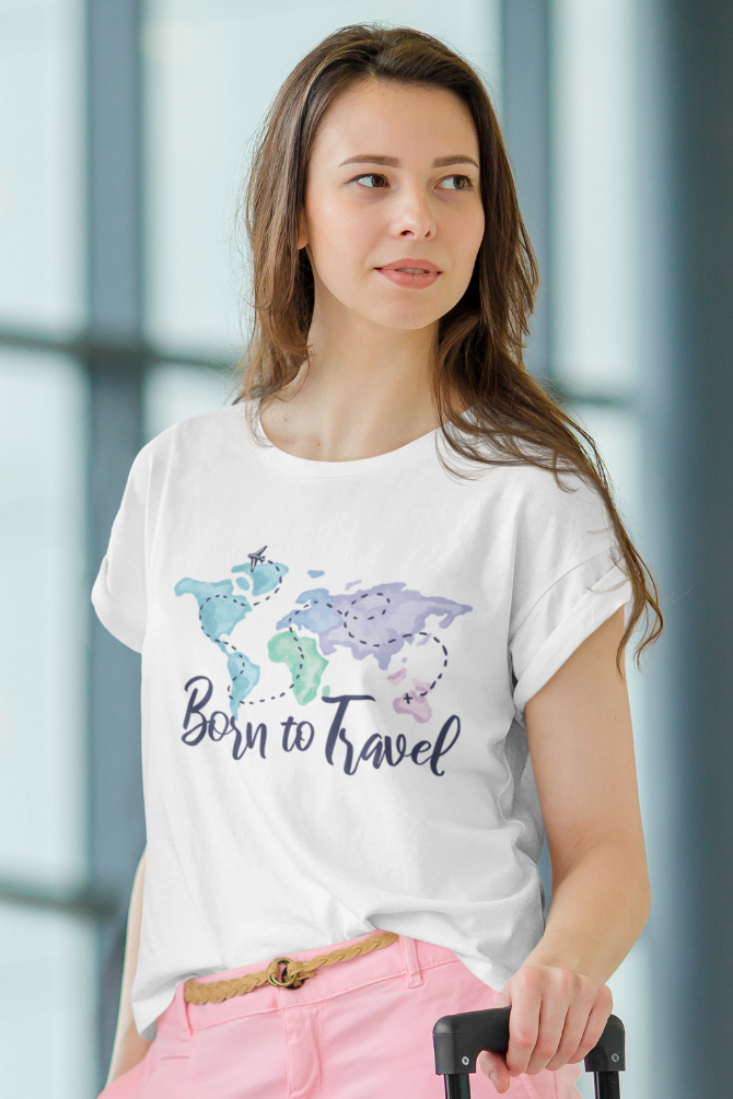 Born To Travel White Printed Scoop Neck T-Shirt For Women - WowWaves