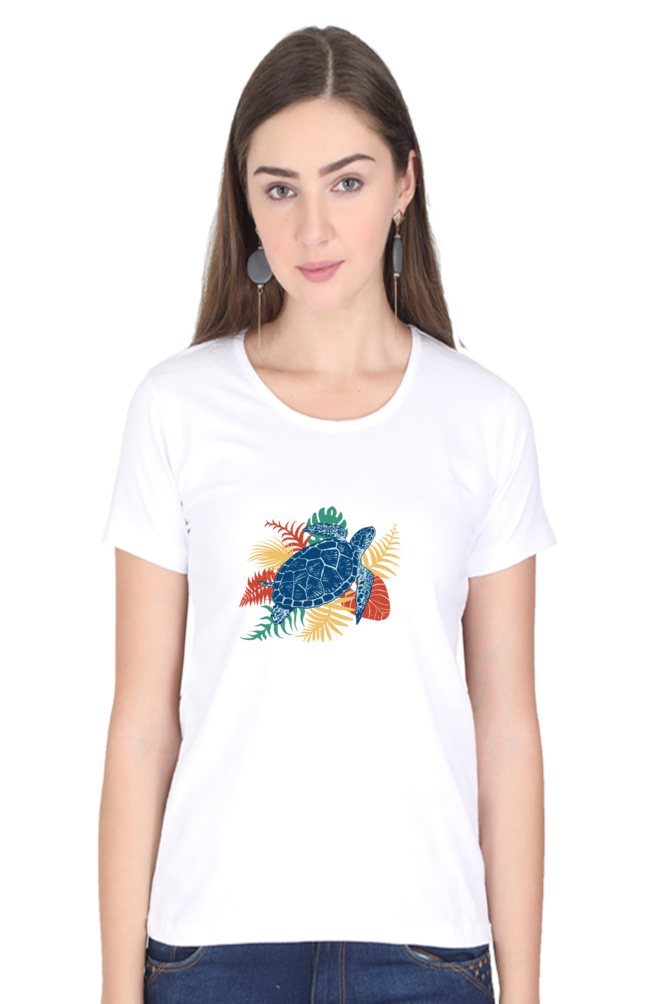 Tropical Sea Turtle Printed Scoop Neck T-Shirt For Women - WowWaves - 13