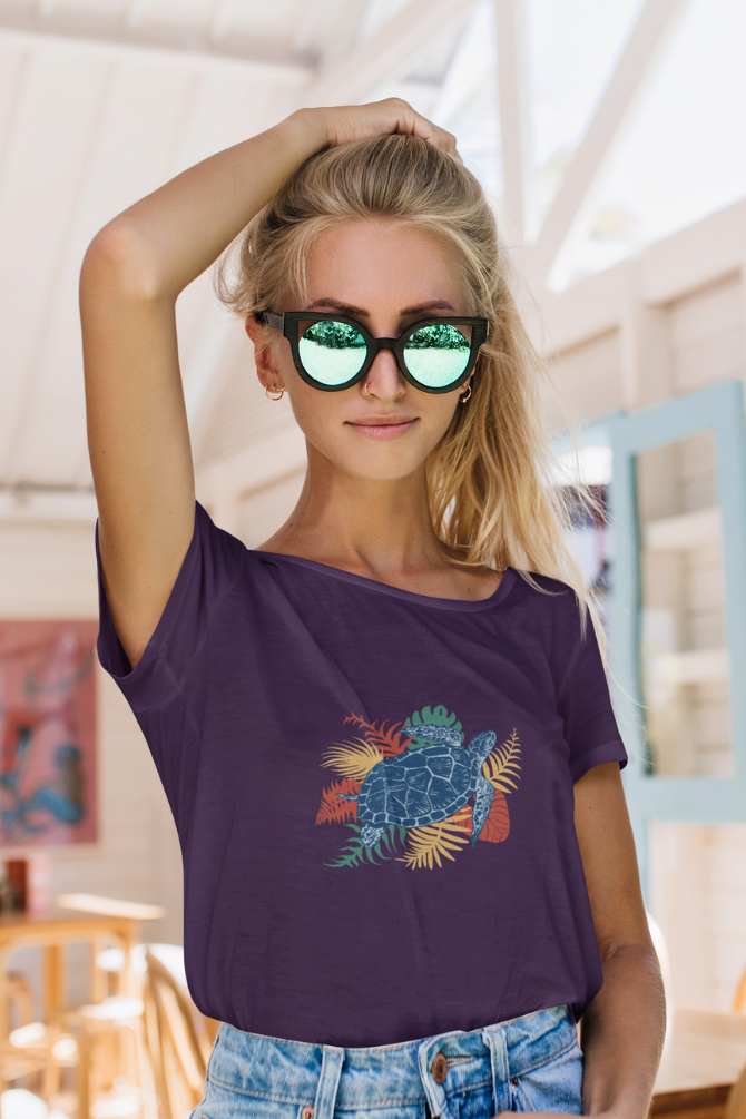 Tropical Sea Turtle Printed Scoop Neck T-Shirt For Women - WowWaves - 4
